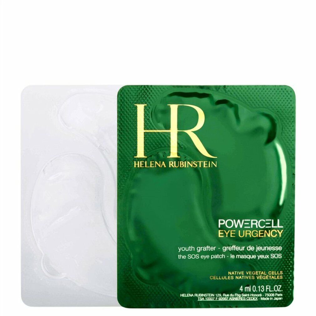 Confezione verde di patch occhi con logo e testo Helena Rubinstein. Contiene 2 patch. Scritta: Powercell Eye Urgency.