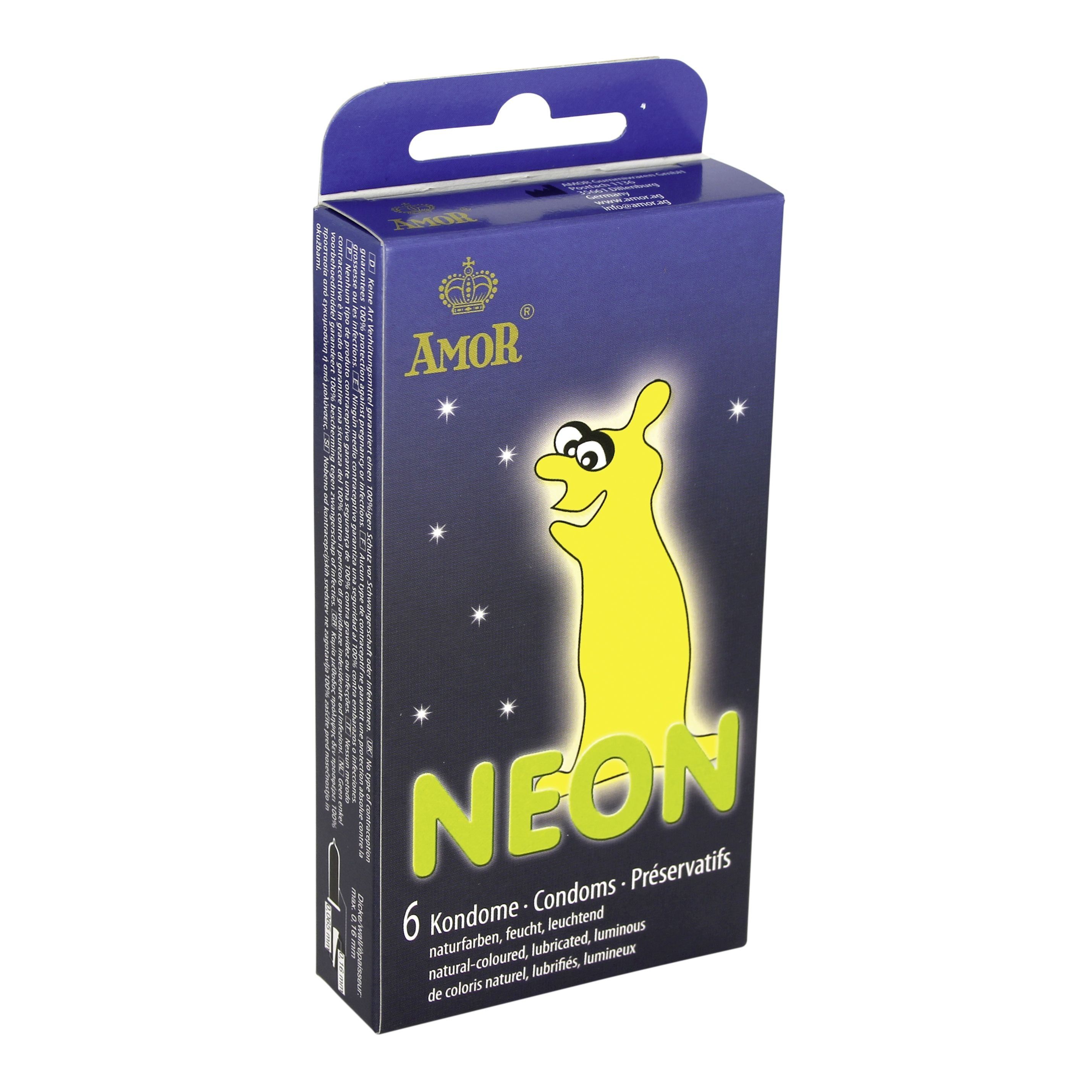 Scatola preservativi AMOR NEON, figura gialla, 6 pezzi. Naturali, lubrificati, luminosi. Confezione blu.