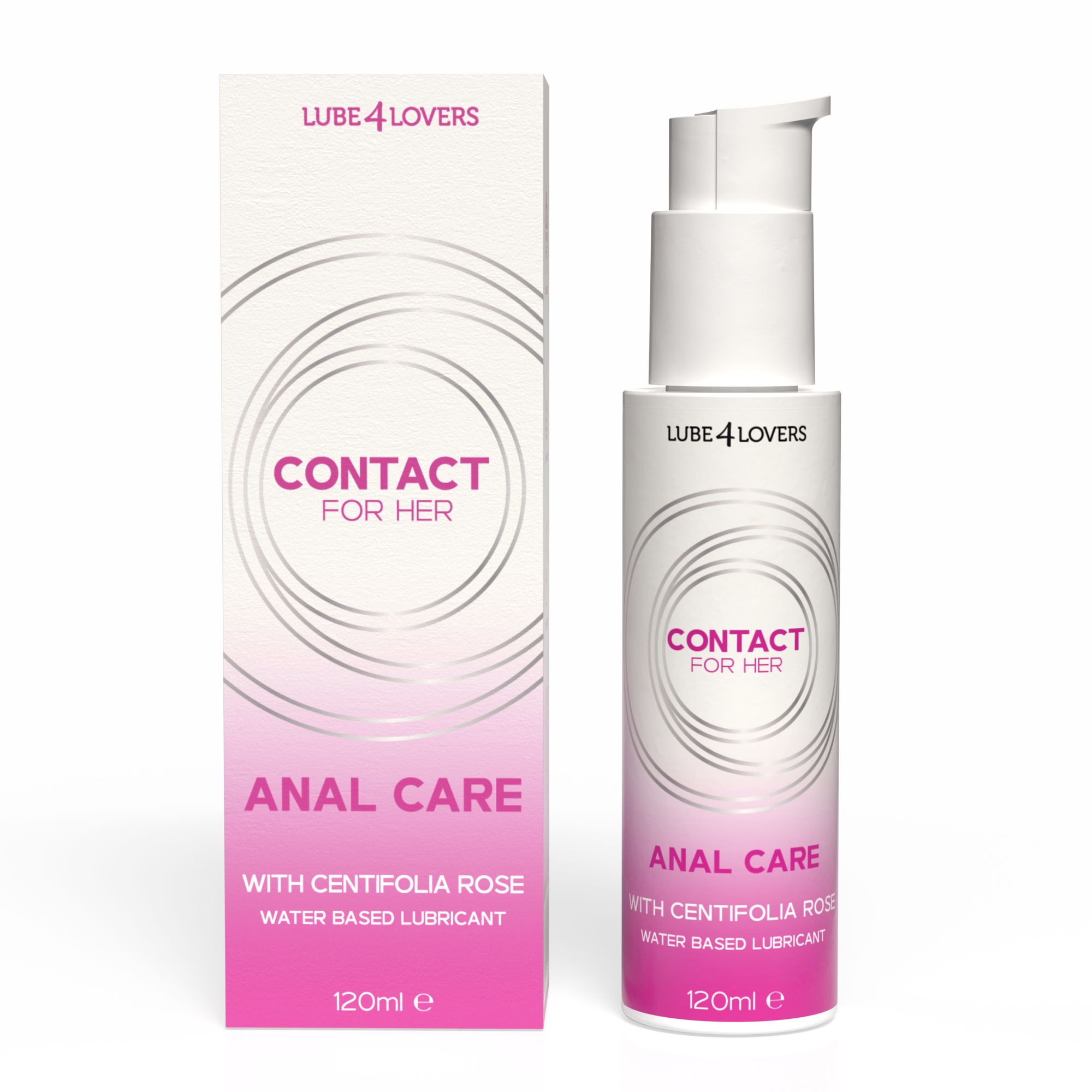 Flacone e confezione bianchi. Scritta: CONTACT FOR HER, ANAL CARE, con rosa centifolia, lubrificante a base d'acqua. 120ml.