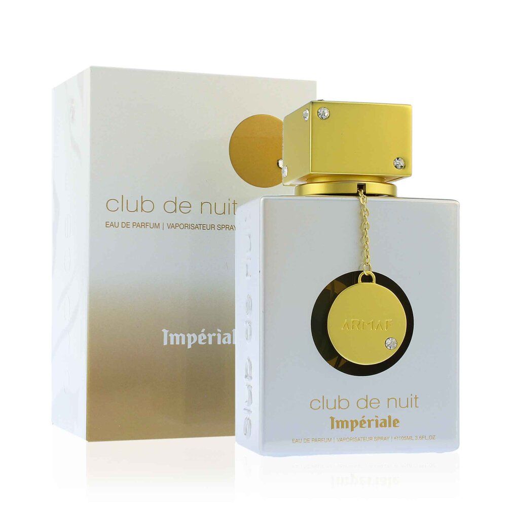 Flacone bianco con tappo e pendente dorati. Scritta: Club de Nuit Impériale. Confezione bianca con sfumatura dorata.