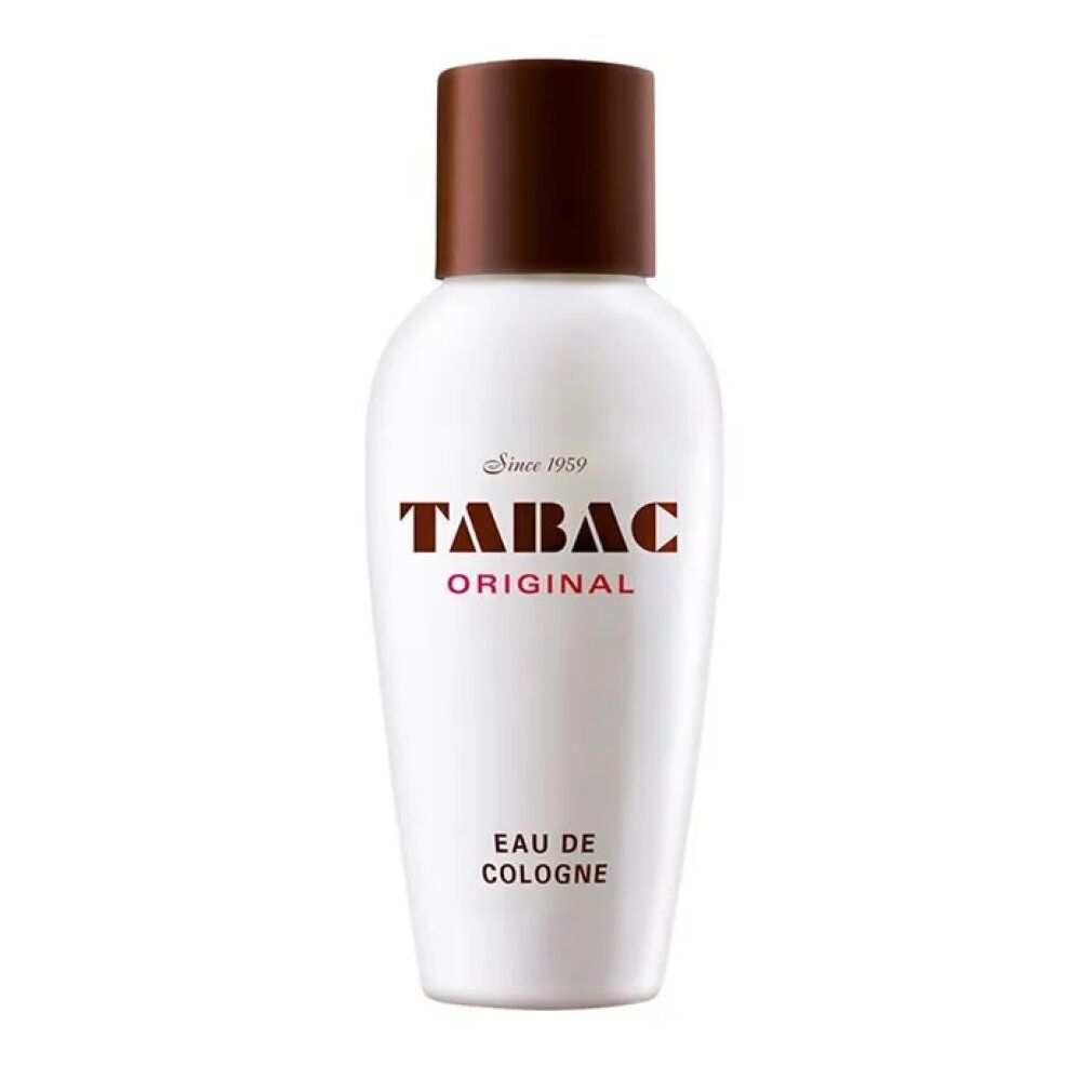 Flacone bianco con tappo marrone. Scritta: TABAC ORIGINAL, Eau de Cologne. Dal 1959.