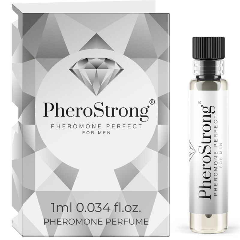 PheroStrong Profumo a feromoni per uomo, flacone da 1ml e confezione con design a diamante.