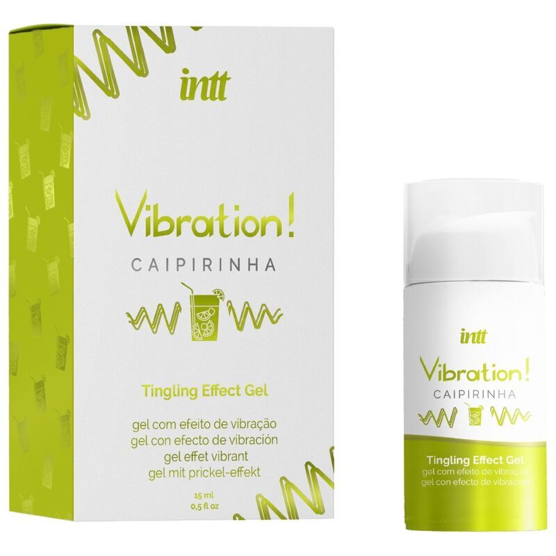 Confezione del prodotto e flacone di gel. Scritta: INTT Vibration! Caipirinha, Tingling Effect Gel. Design verde e bianco.