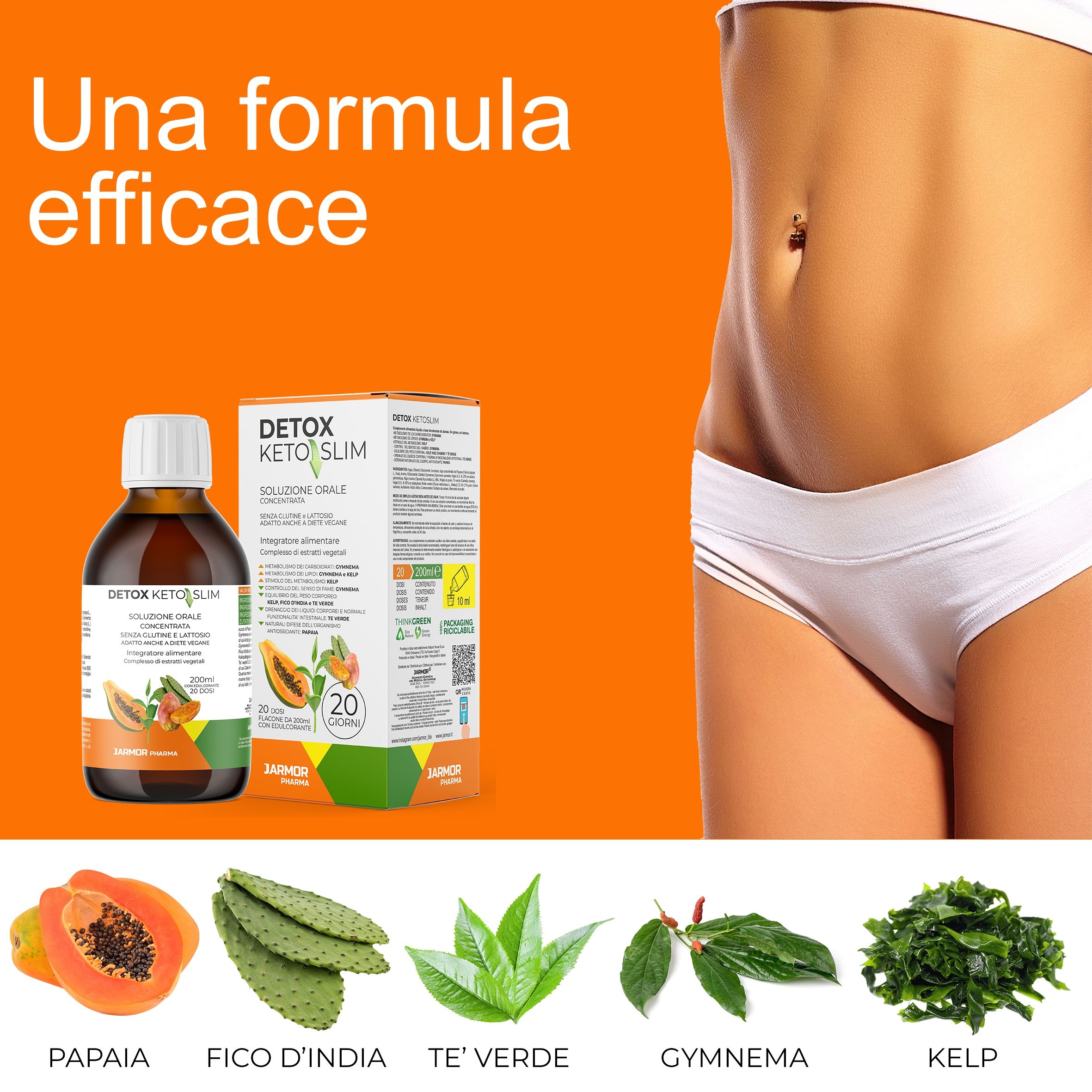 Addome di donna, flacone e scatola Detox Keto Slim, frutta e foglie.