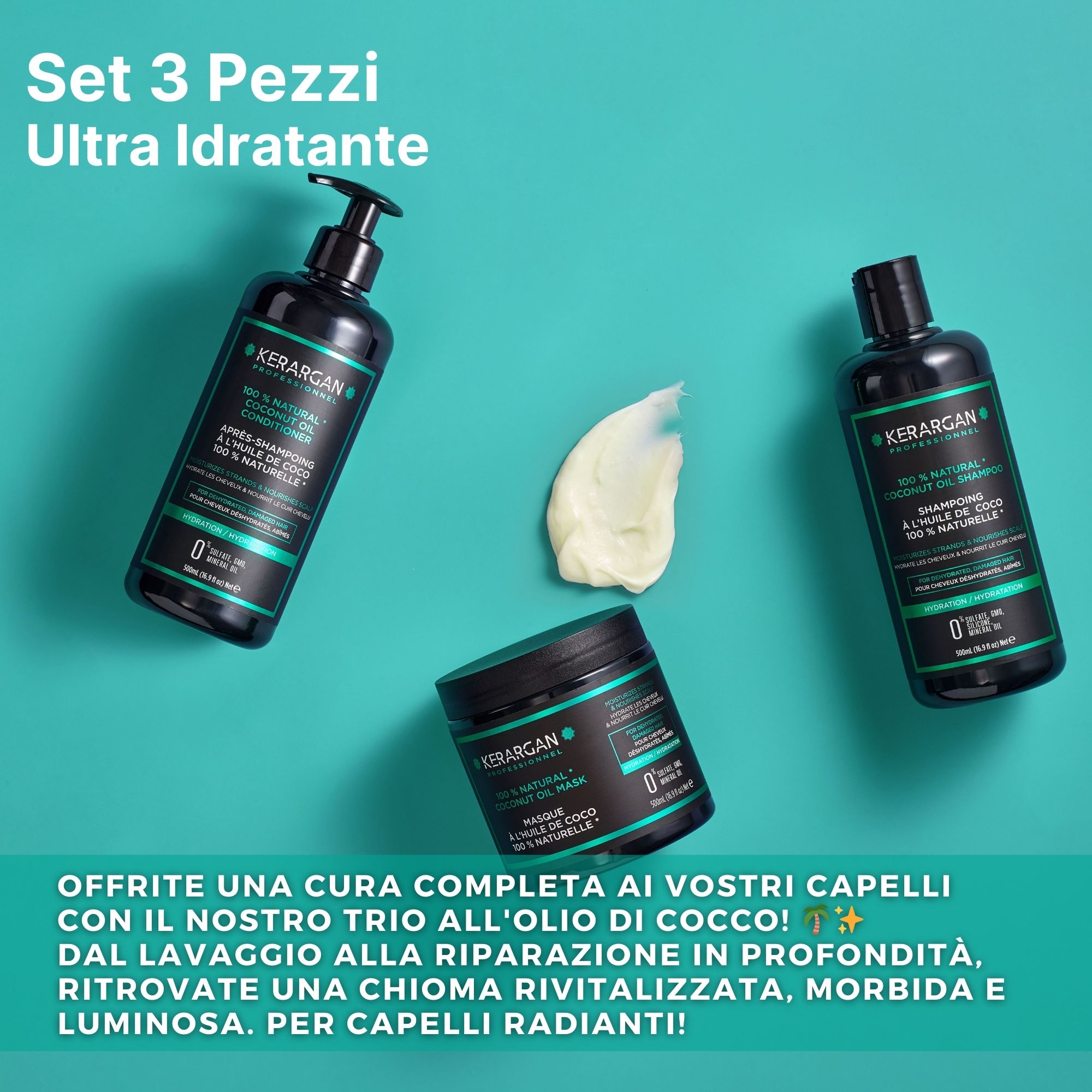 Kerargan - Trio Shampoo, Balsamo & Maschera Olio di Cocco - Capelli Disidratati - Senza solfati, OGM