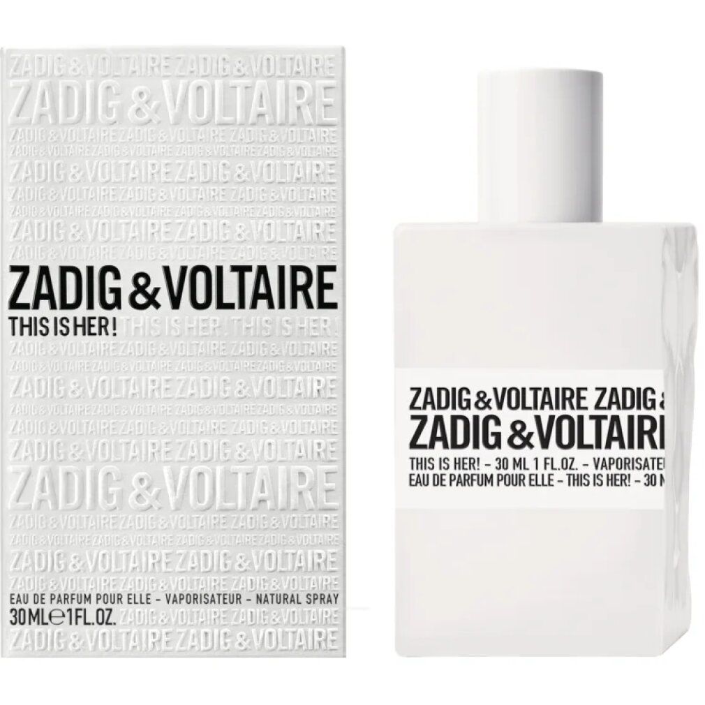 Flacone bianco e confezione. Scritta: Zadig & Voltaire, This Is Her! 30 ml.