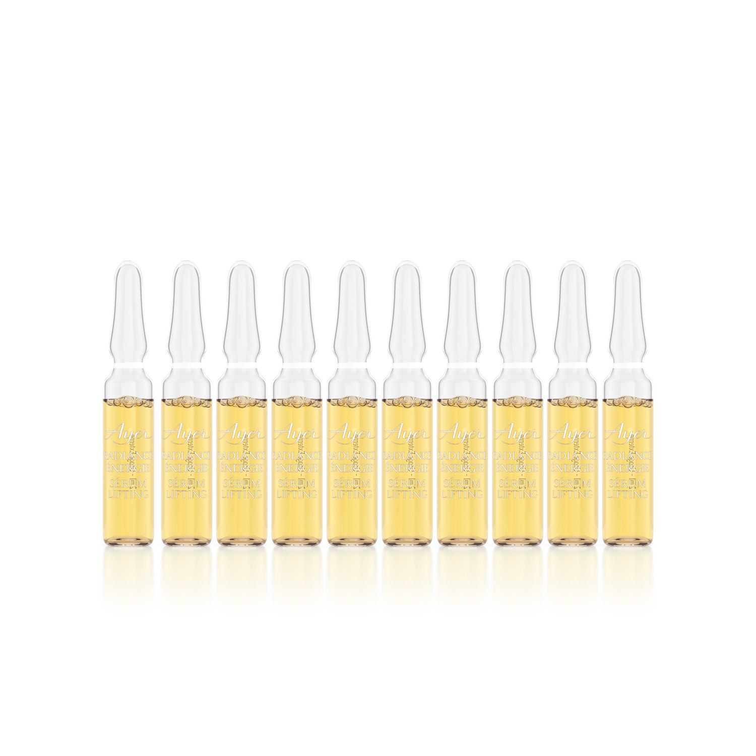 Dieci fiale con liquido giallo. Contenitori in vetro trasparente, collo stretto.