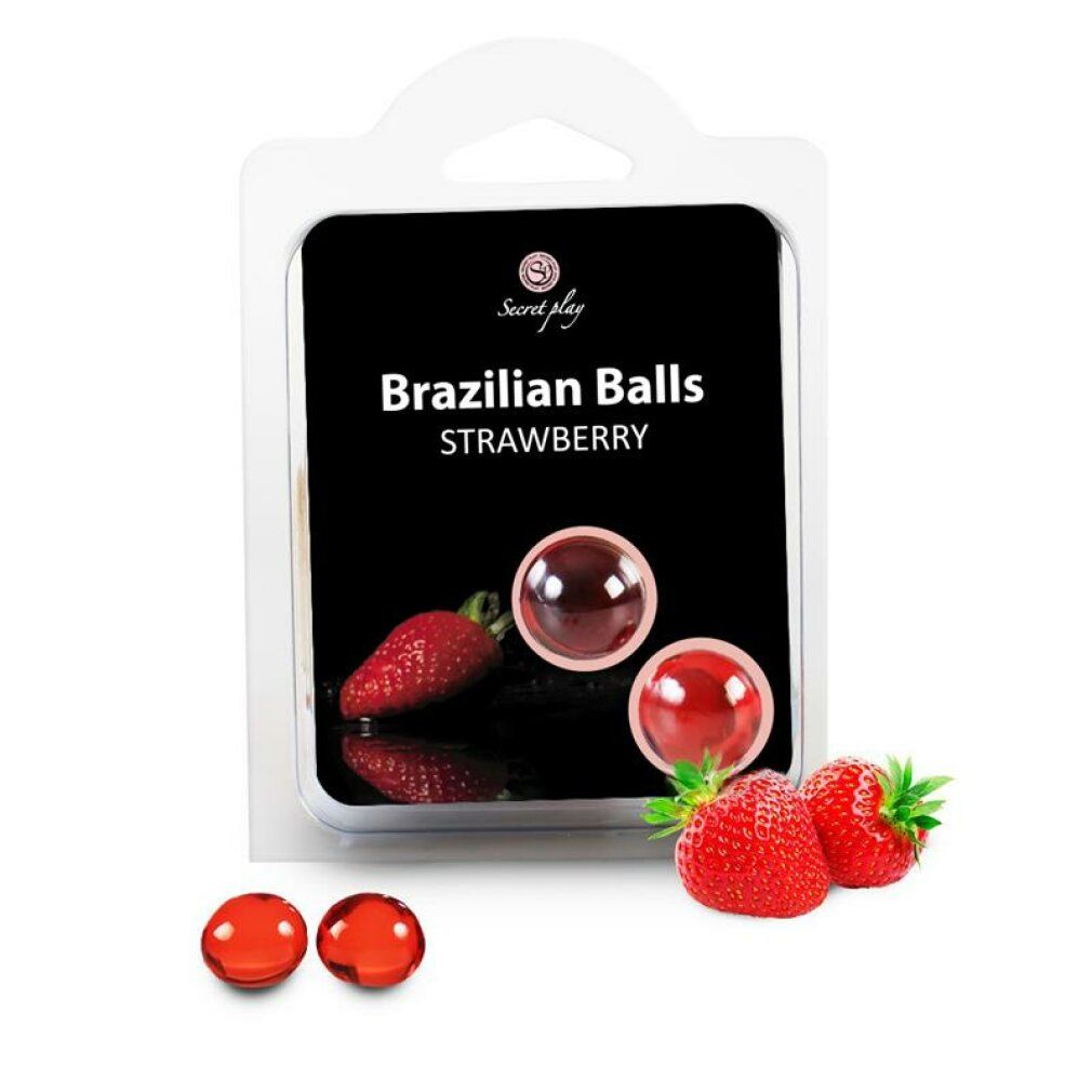 Confezione con due sfere rosse e fragole. Scritta: Brazilian Balls Strawberry. Marchio: Secretplay.