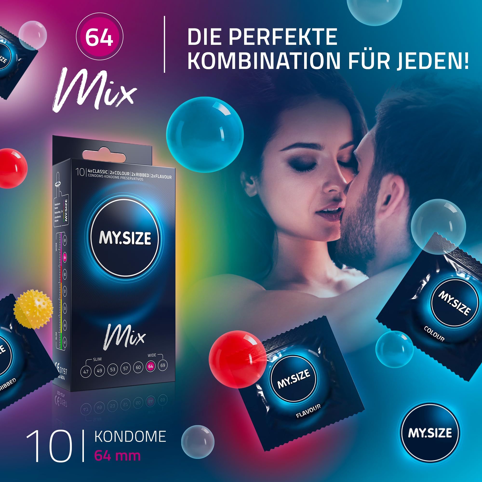Confezione di preservativi MY.SIZE Mix, 10 pezzi, larghezza 64mm. Include varianti Classic, Colour, Ribbed e Flavour.