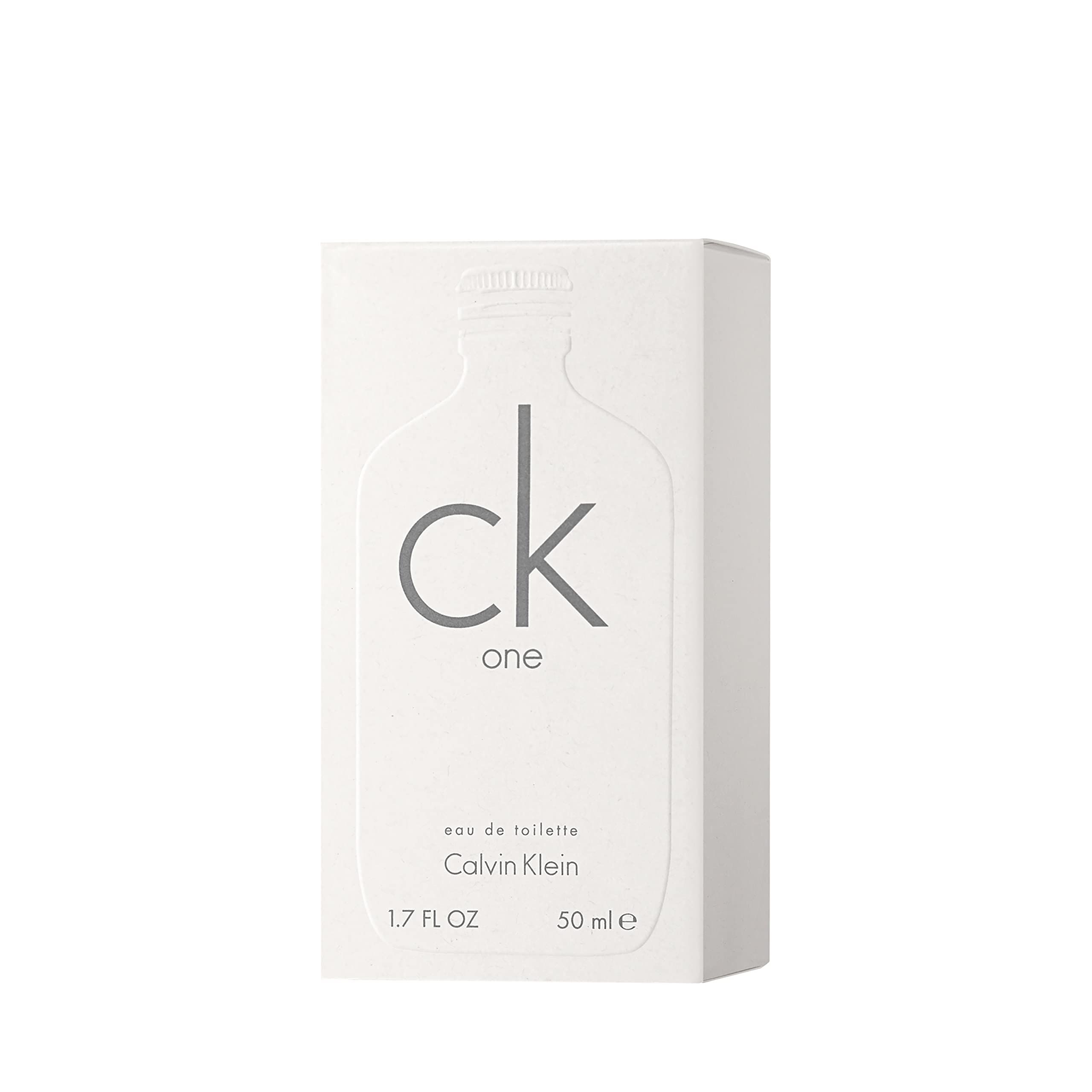 Scatola bianca con logo "ck one" e scritta "Calvin Klein". Scritta "eau de toilette".