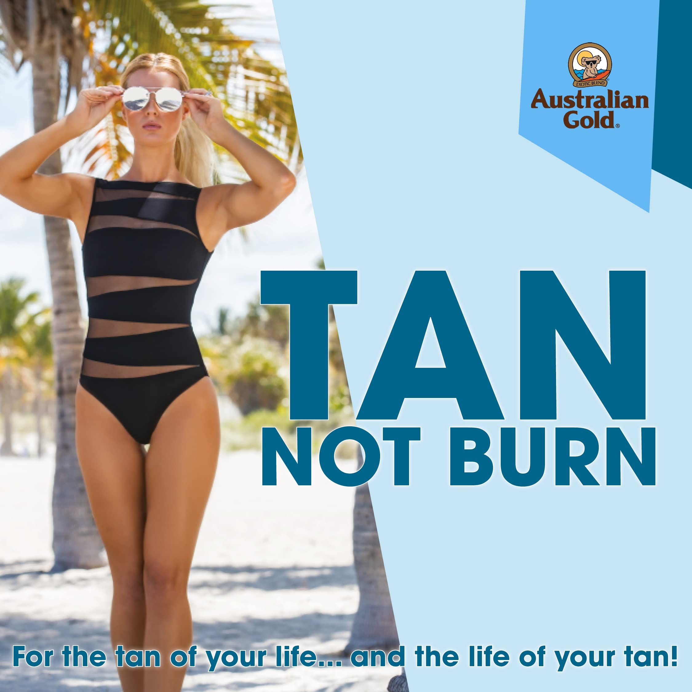 Donna in costume da bagno sulla spiaggia. Testo: Tan not Burn. Logo: Australian Gold.