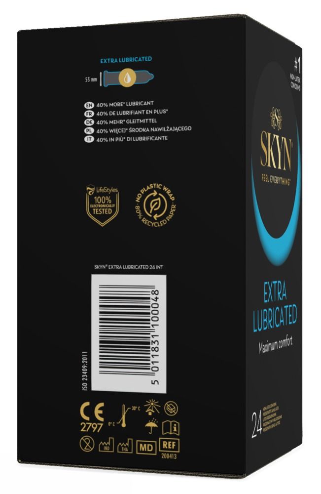 Confezione nera. SKYN Extra Lubricated. 24 pezzi. Testato al 100%. 40% più lubrificante. Simbolo di riciclo.