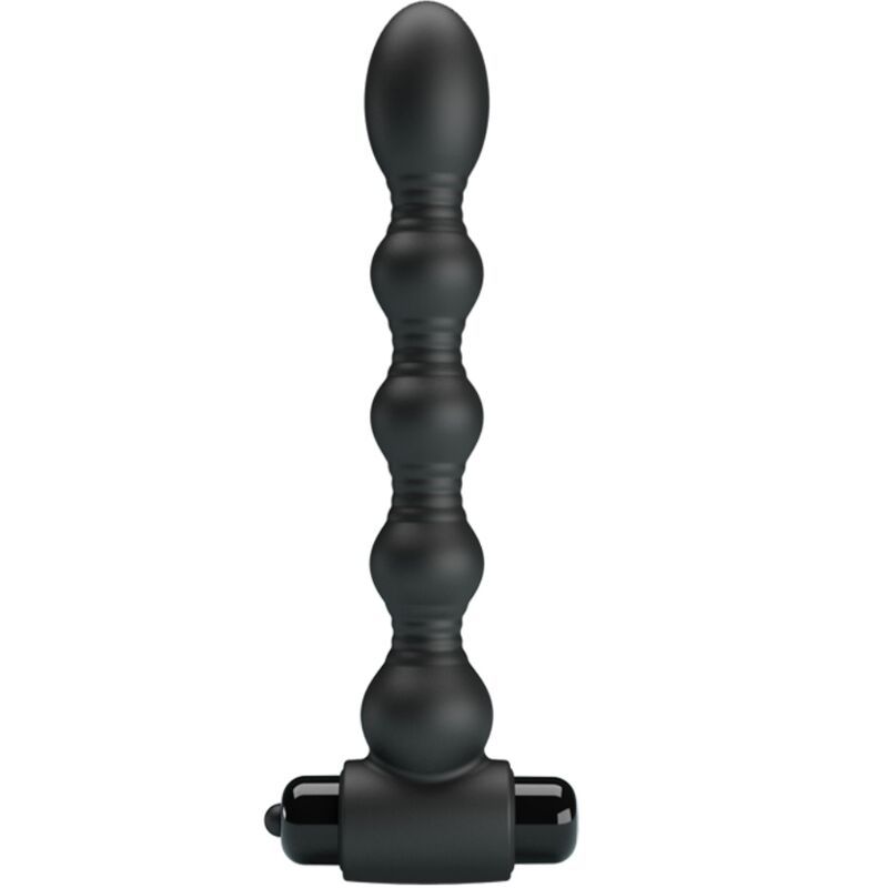 Plug anale in silicone nero con texture a perle, in posizione verticale.