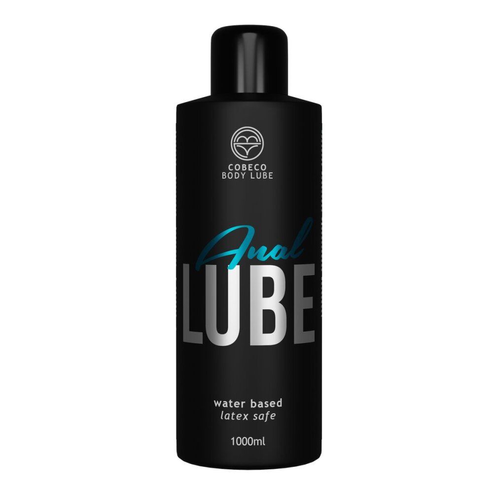 Flacone nero con tappo nero. Scritta: Anal LUBE, water based, latex safe, 1000ml. Logo: Cobeco Bodylube.