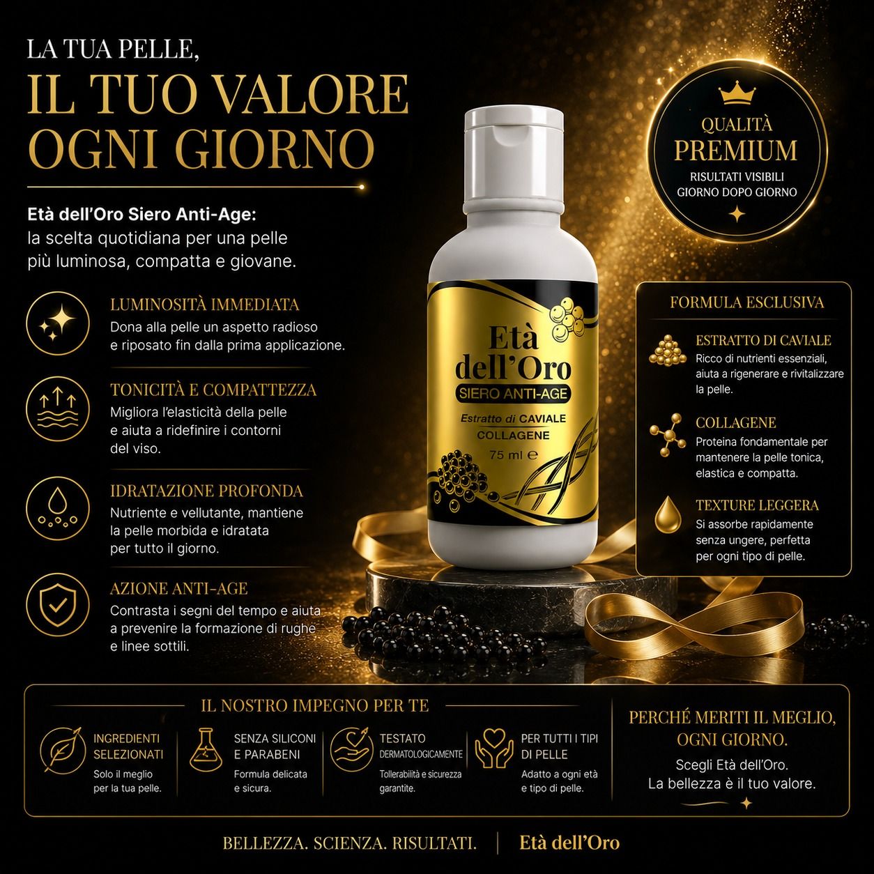 Flacone del siero anti-età 'Età dell'Oro' con caviale, collagene e simboli anti-età.