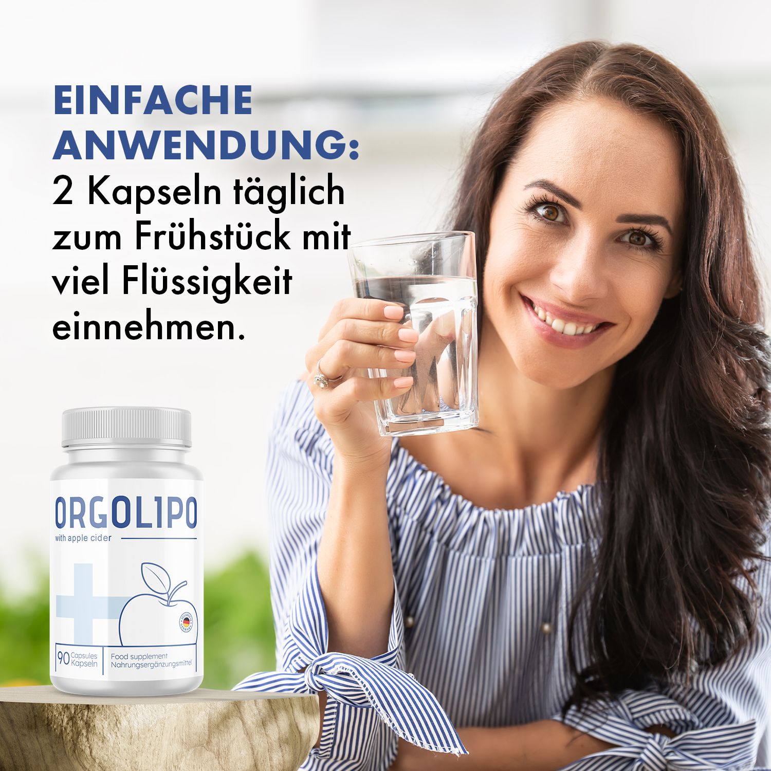 Donna che tiene un bicchiere d'acqua, accanto al flacone Orgolipo. Testo: Uso semplice: assumere 2 capsule al giorno a colazione con molto liquido.