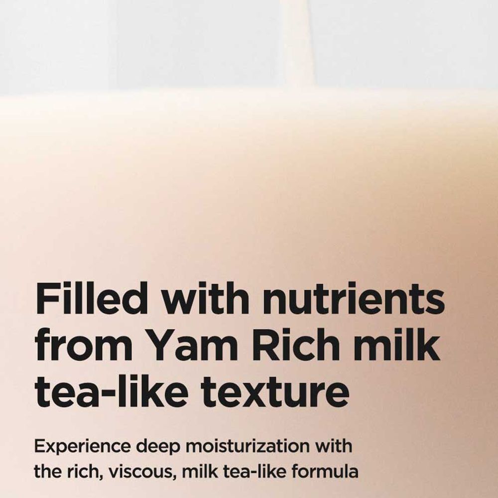 Testo: Filled with nutrients from Yam Rich milk tea-like texture. Esperienza idratazione profonda con la texture ricca, viscosa, lattiginosa.