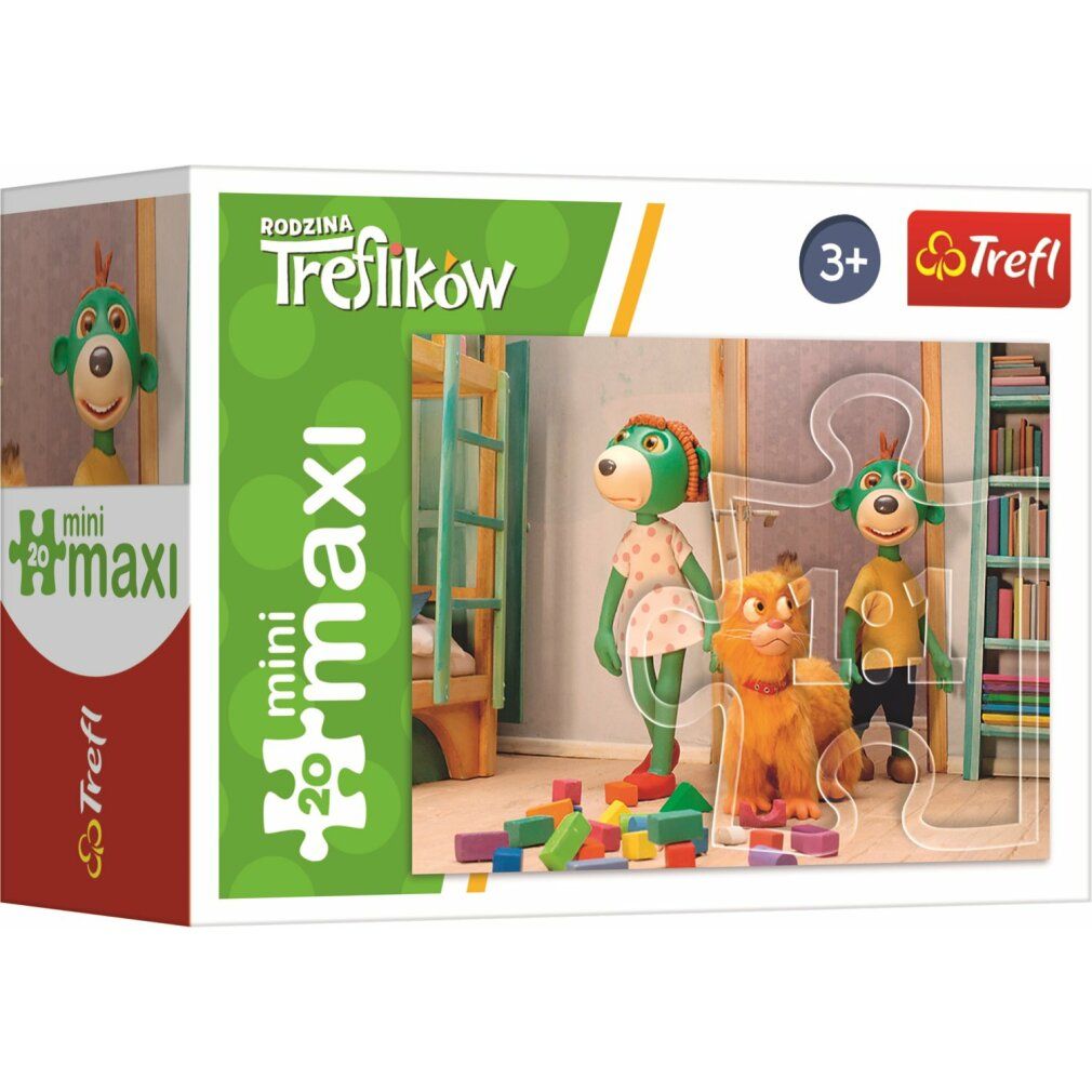Scatola puzzle con personaggi e gatto. Stampa: Trefl, 20 mini maxi, Rodzina Treflików. Personaggi con gatto.