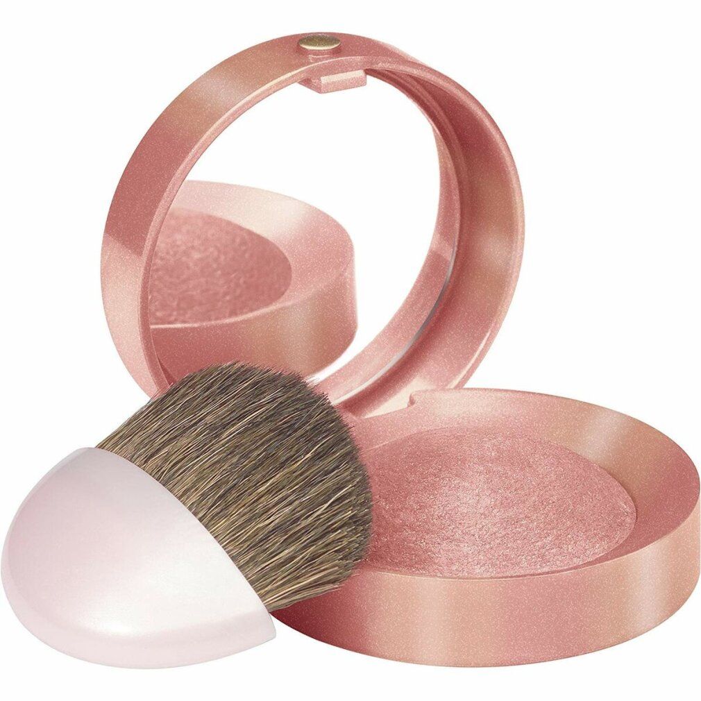 Bourjois Fard Blush Joues aperto. Cipria rosa, specchio e pennello. Contenitore rosa. '16 Rose Coup' visibile.