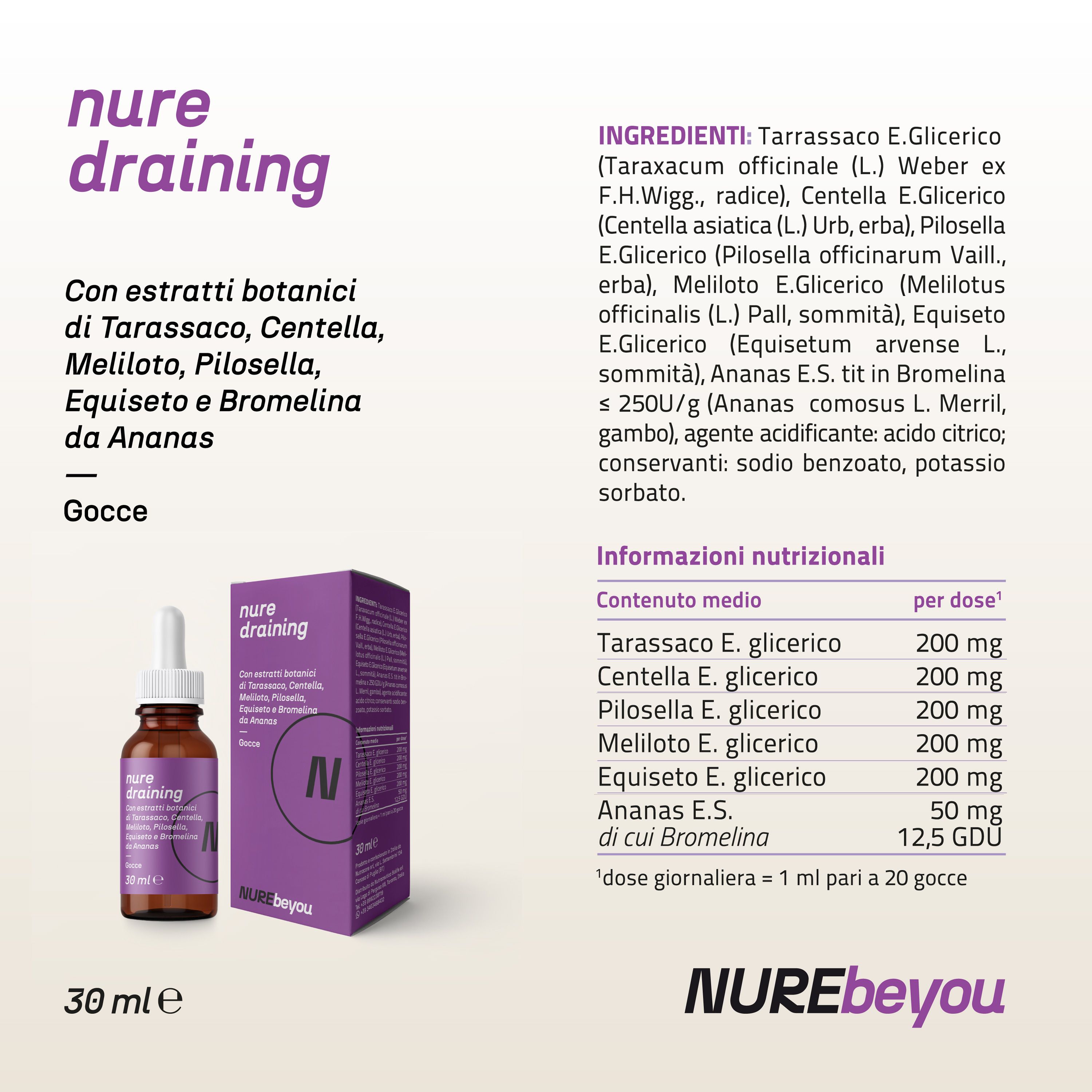 NURE Draining Gocce 30 ml | Integratore drenante e depurativo naturale, drenante in gocce