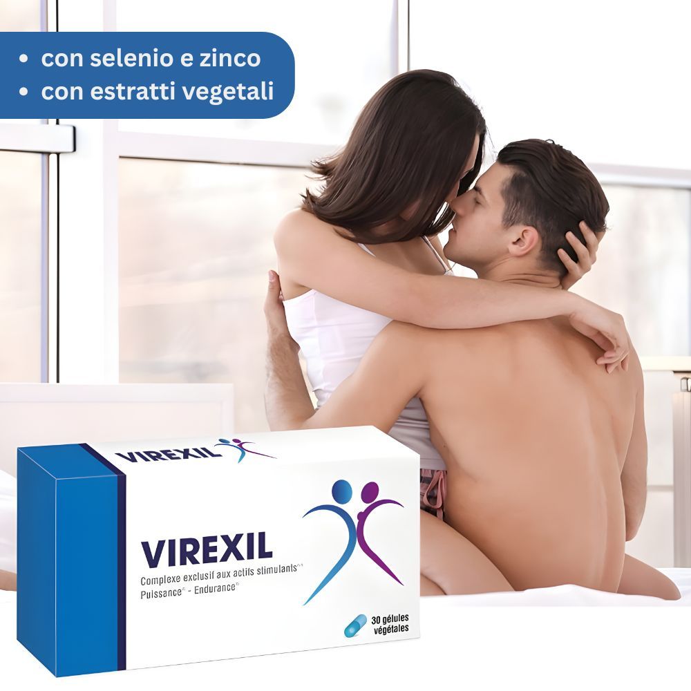 Coppia a letto, confezione del prodotto Virexil. Scatola blu e bianca con logo e testo. 30 capsule.