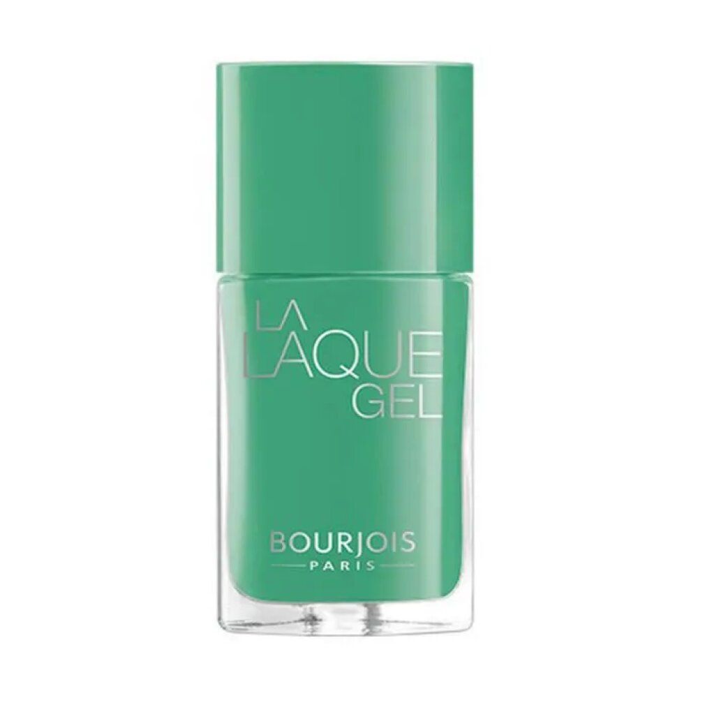 Flacone di smalto verde. Scritta: LA LAQUE GEL, BOURJOIS PARIS.