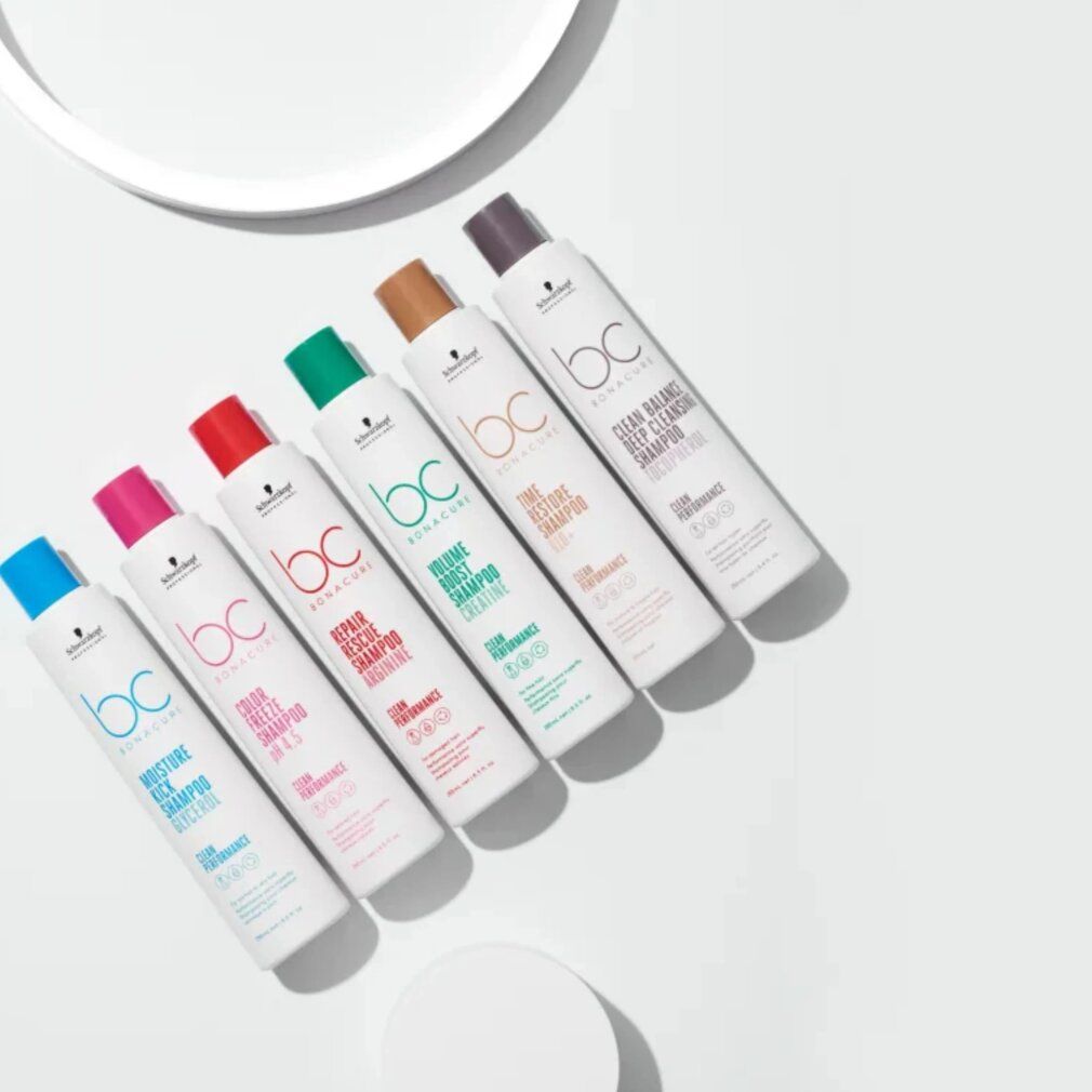 Sei flaconi di shampoo di diversi colori. Scritta: bc Bonacure. Diverse varietà.