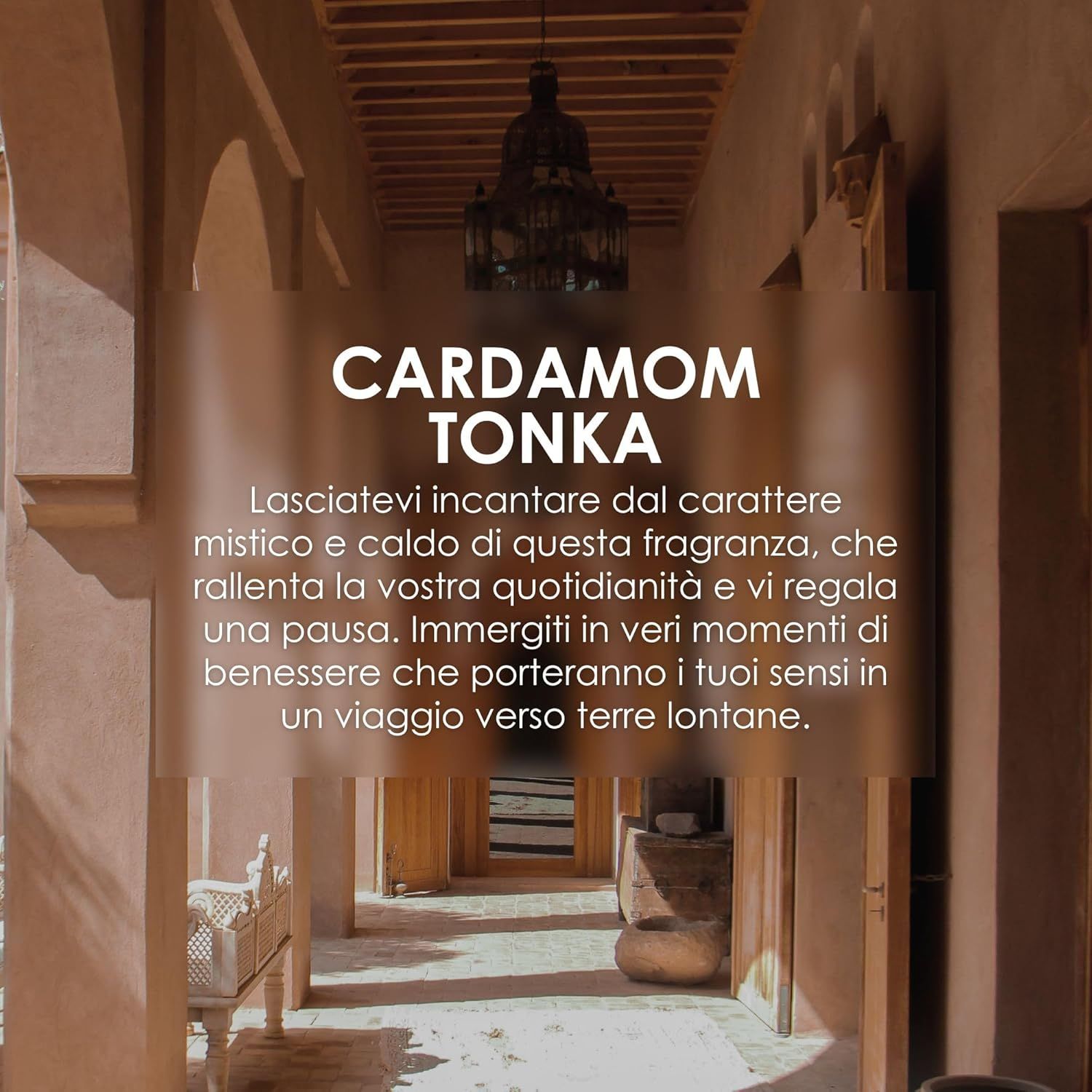 Interno con archi. Testo: Cardamom Tonka. Descrizione della fragranza e del suo effetto sui sensi.