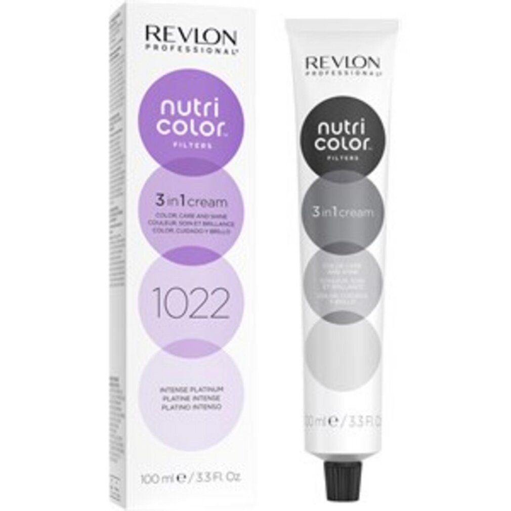 Maschera colorante per capelli in tubo e scatola. Scritta: Revlon, Nutri Color Filters, 3 in 1 cream, 1022. Tubo: 100 ml/3.3 Fl. Oz.