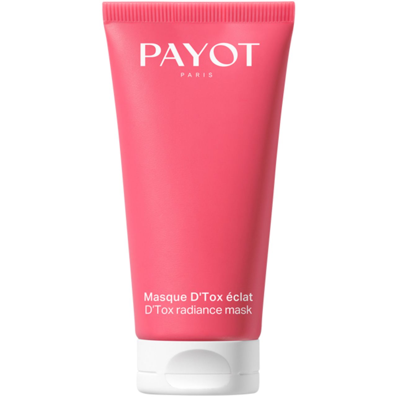 Tubo rosa con tappo bianco. PAYOT PARIS in alto. Sotto: Masque D'Tox éclat, D'Tox radiance mask.