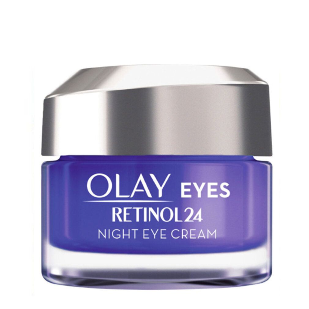 Olay Eyes Retinol 24 crema notte occhi. Crema blu in un barattolo di vetro con coperchio argentato. Vista del prodotto.