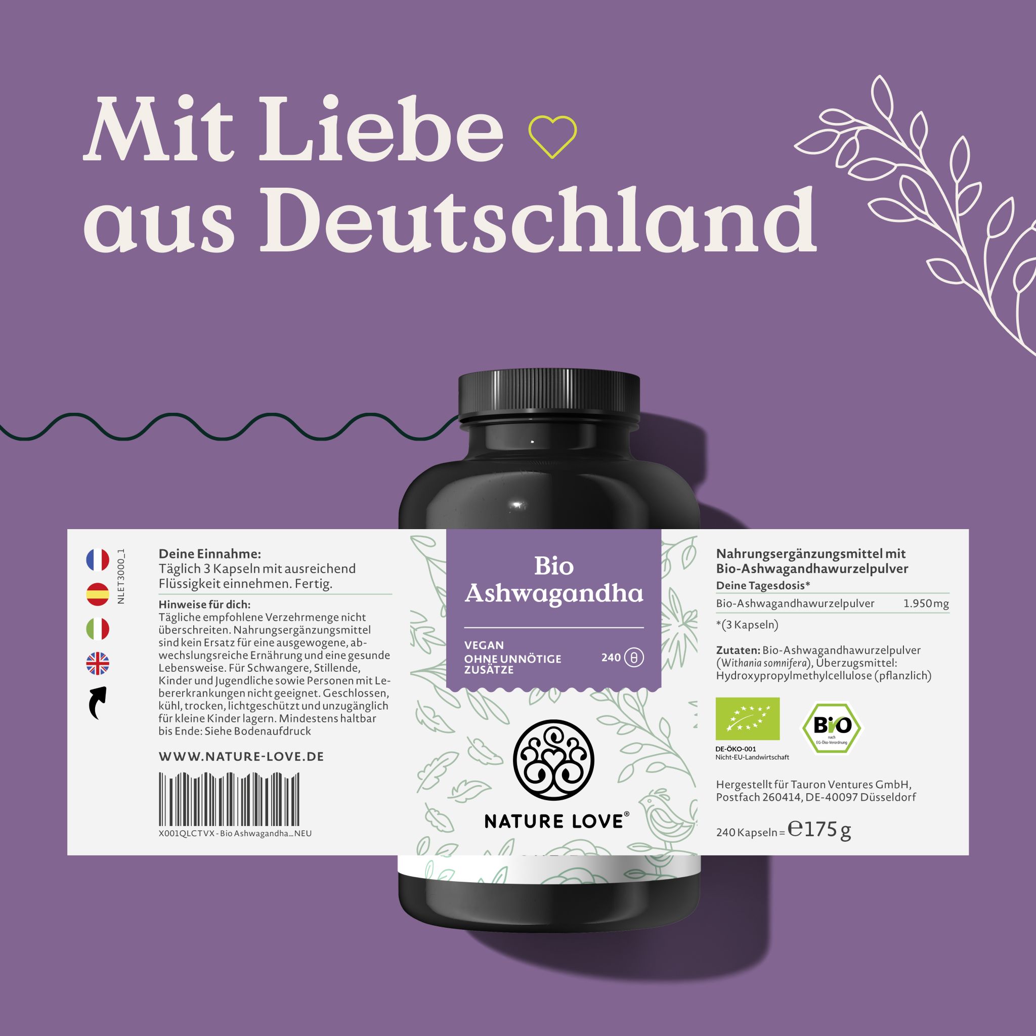 Flacone scuro con etichetta aperta. Scritta: Bio Ashwagandha, vegano, senza additivi. Scritta: NATURE LOVE®. Con amore dalla Germania.