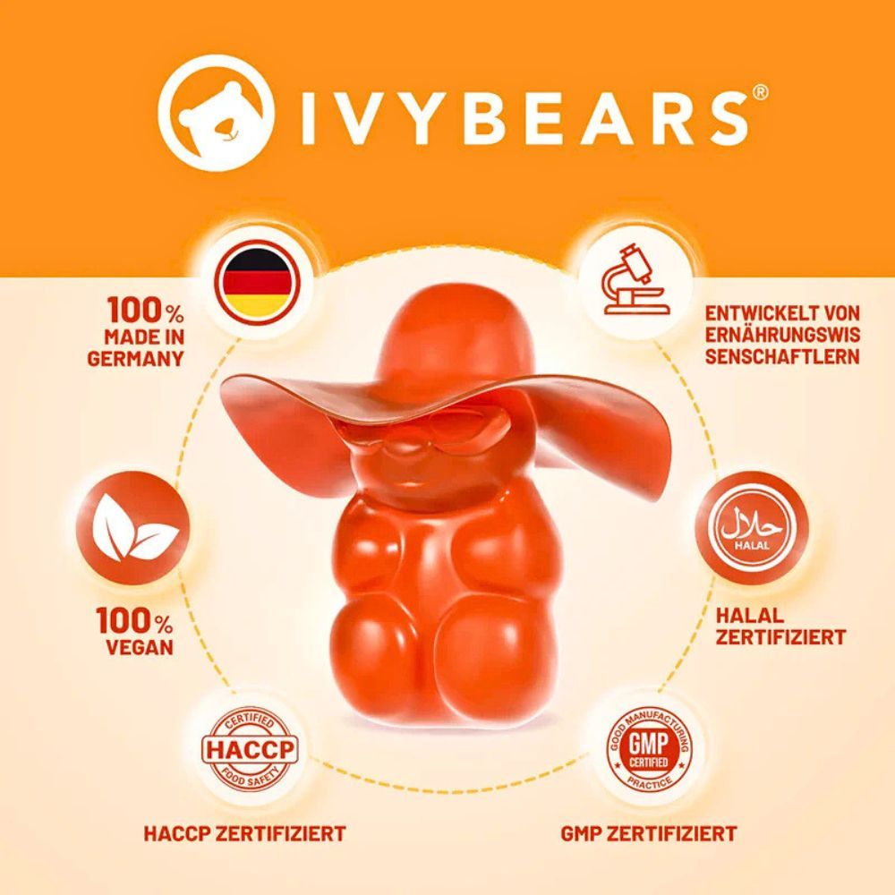 Tabella nutrizionale. Testo: Vegano, Halal, 100% Made in Germany, Senza glutine, Senza soia, Senza biossido di titanio.