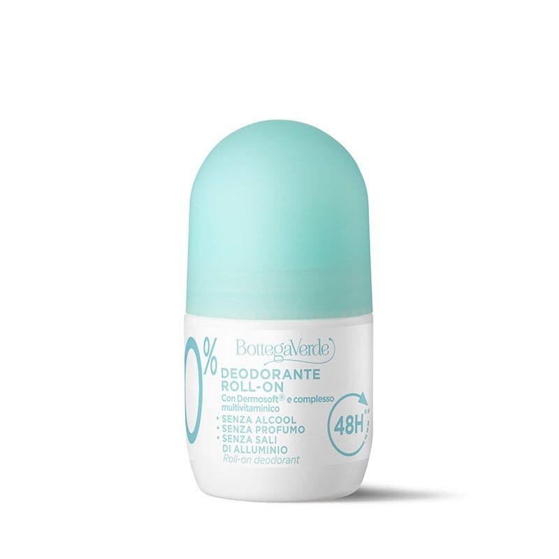Deodorante roll-on con tappo azzurro. Scritte: ZERO 0%, Bottega Verde, Deodorante Roll-on, 48h.