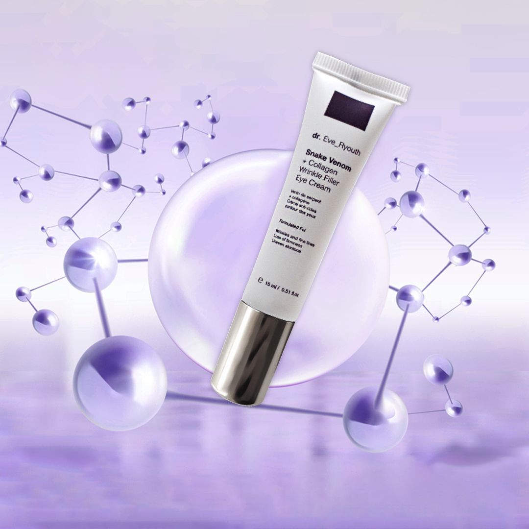 Dr. Eve_Ryouth Crema contorno occhi Veleno di serpente + Collagene su sfondo molecolare viola.