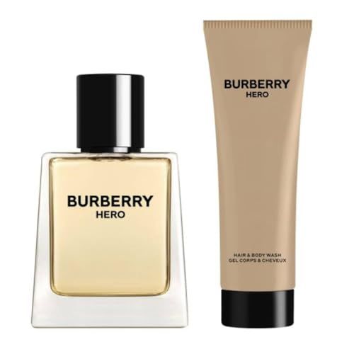Flacone di profumo e tubo di gel doccia. Entrambi con logo "Burberry Hero". Flacone quadrato, trasparente. Tubo beige con tappo nero.