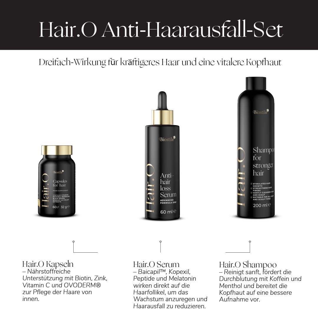 Biostile Hair.O Set anticaduta capelli: capsule, siero e shampoo in flaconi neri.