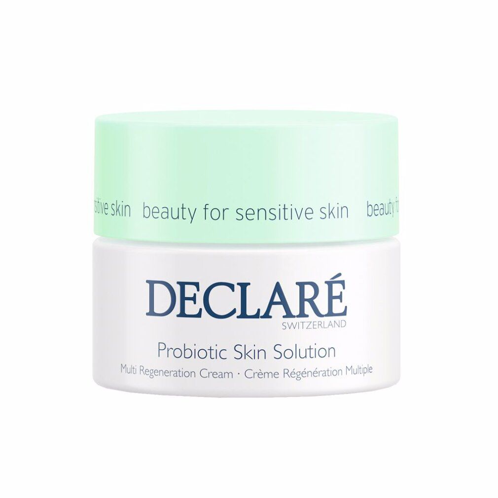 Vasetto di crema con coperchio verde. Scritta: DECLARÉ SWITZERLAND, Probiotic Skin Solution, Multi Regeneration Cream.