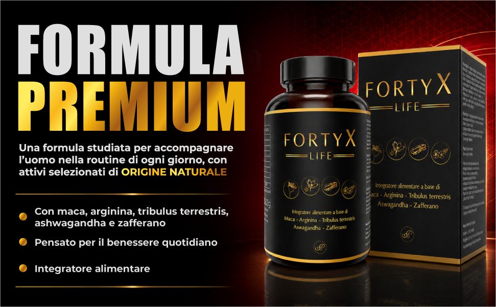 Flacone e scatola FORTYX LIFE. Testo: Maca, Arginina, Tribulus, Ashwagandha, Zafferano. Ingredienti naturali.