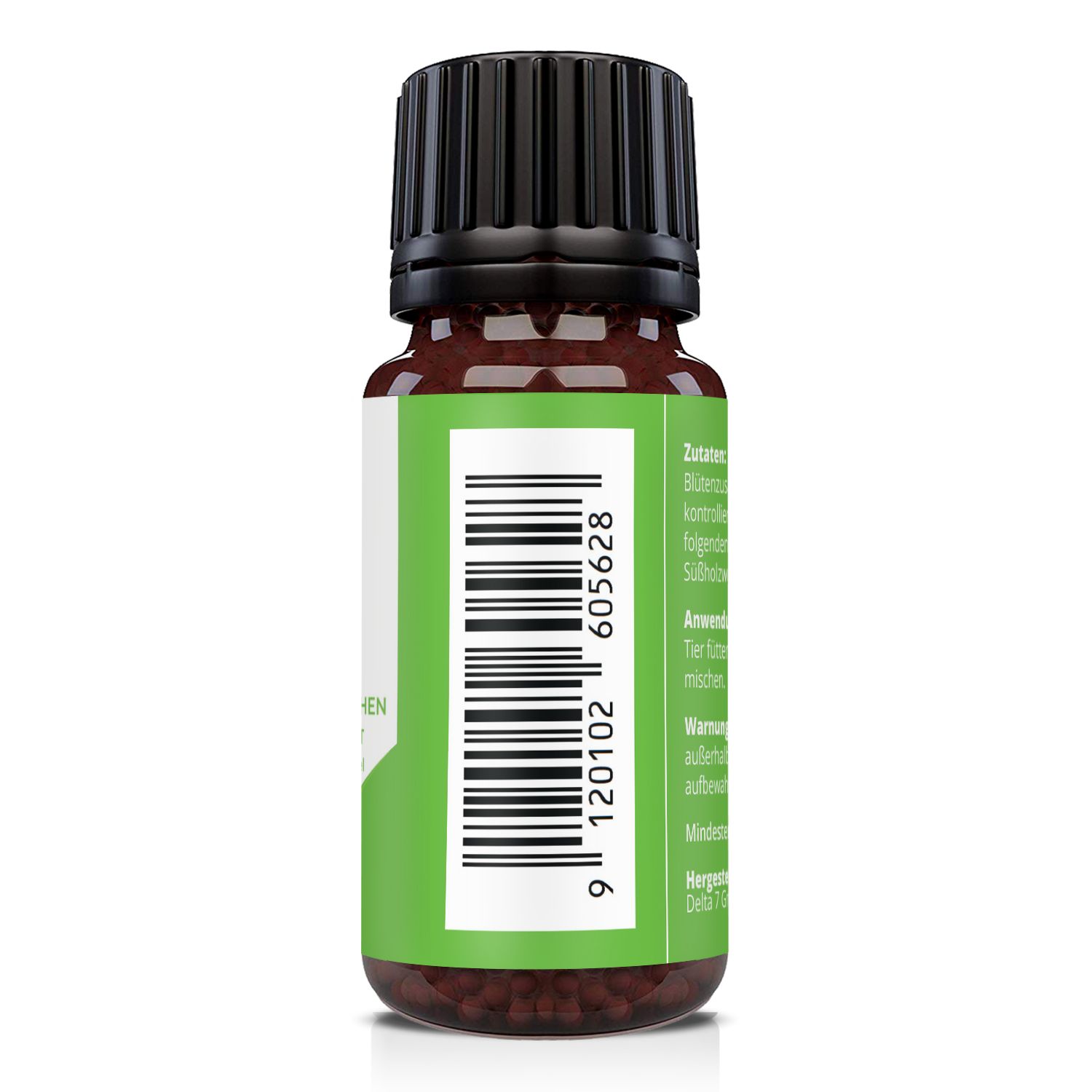 Retro del flacone di vetro marrone con tappo nero. Etichetta verde con codice a barre e testo.