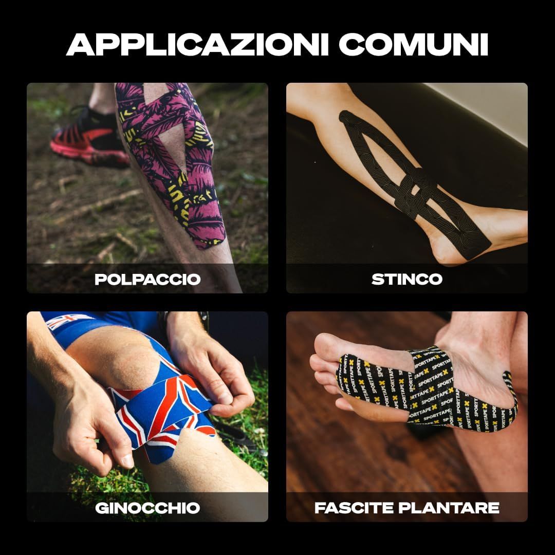 Applicazioni di nastro kinesiologico: polpaccio, stinco, ginocchio, fascite plantare.