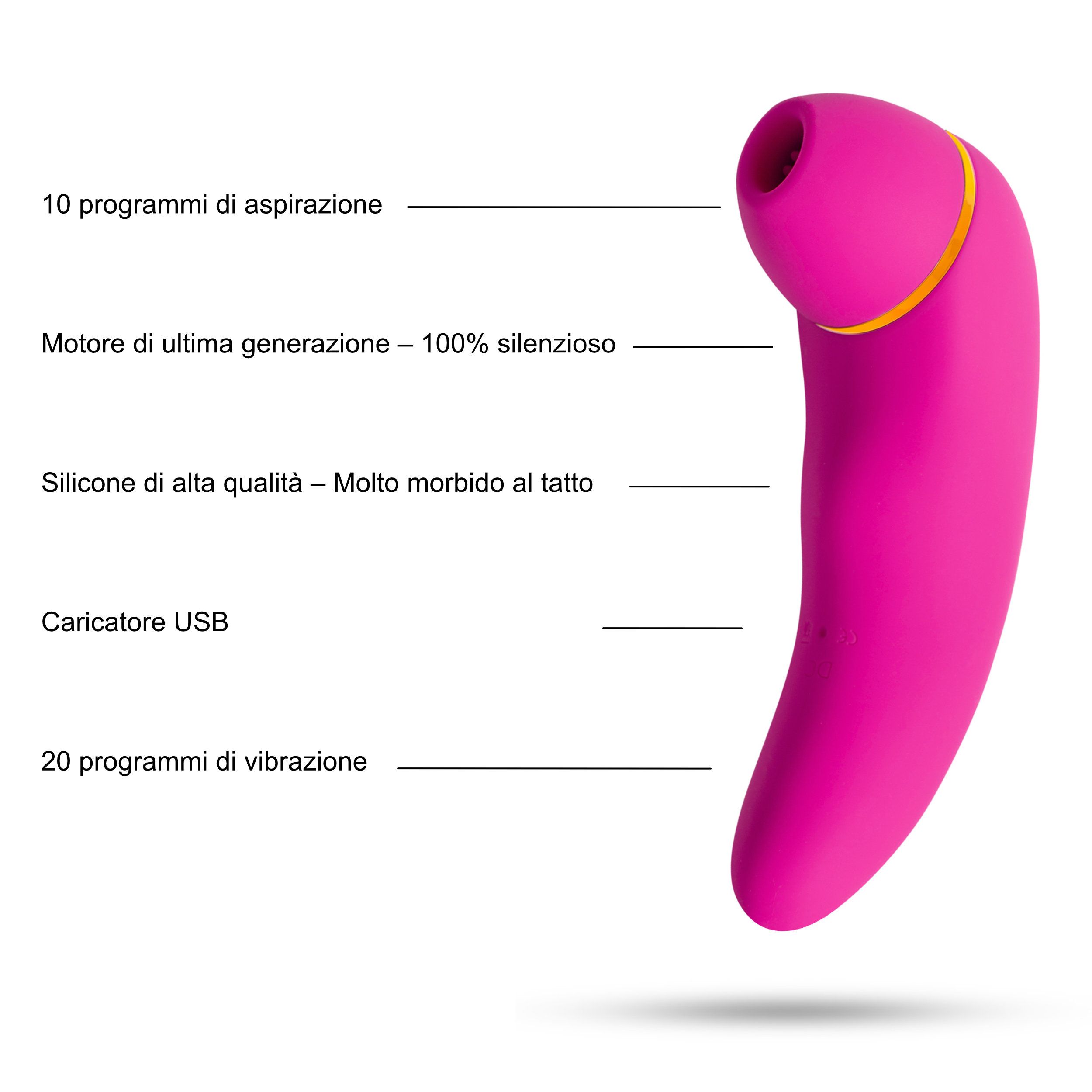 Stimolatore clitorideo rosa con funzione dildo. Caratteristiche: 10 programmi aspirazione, silicone, caricatore USB.