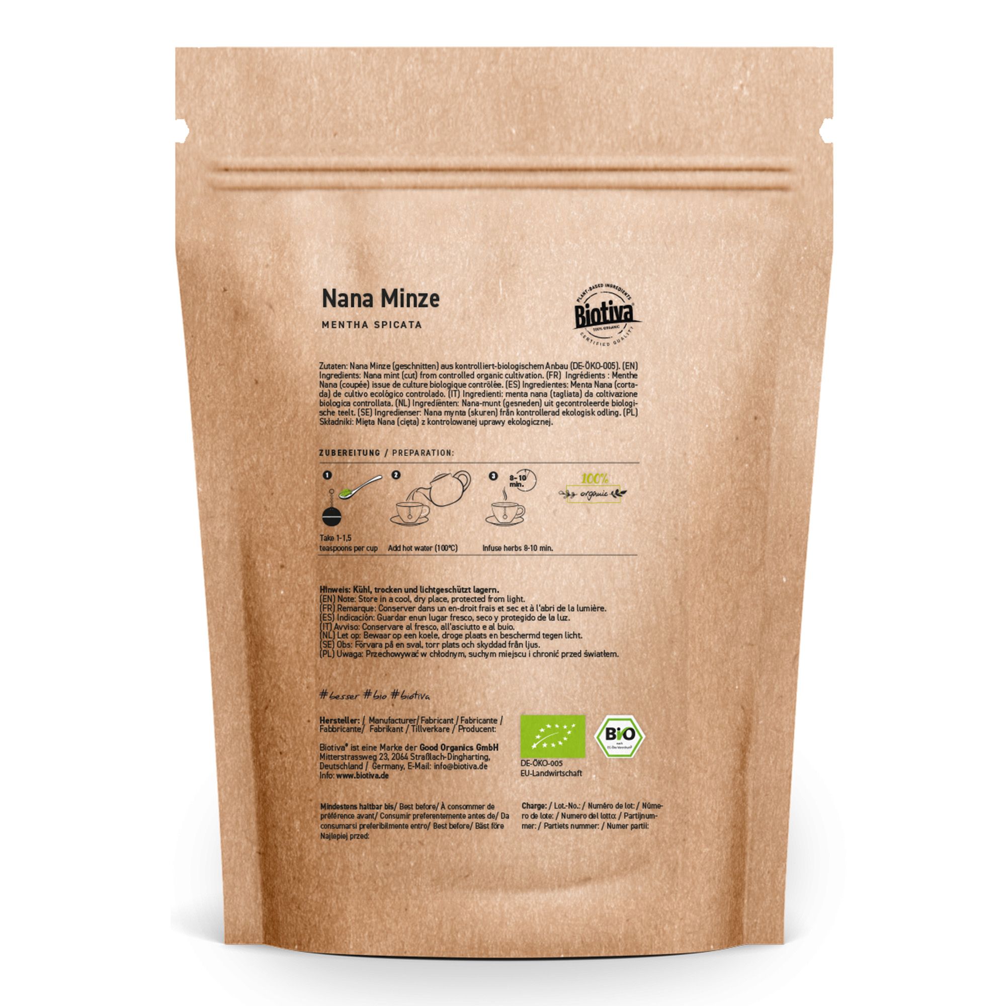 Retro di un sacchetto di carta marrone con Nana Minze. Testo: Preparazione, sigillo biologico, ingredienti, certificazione biologica.