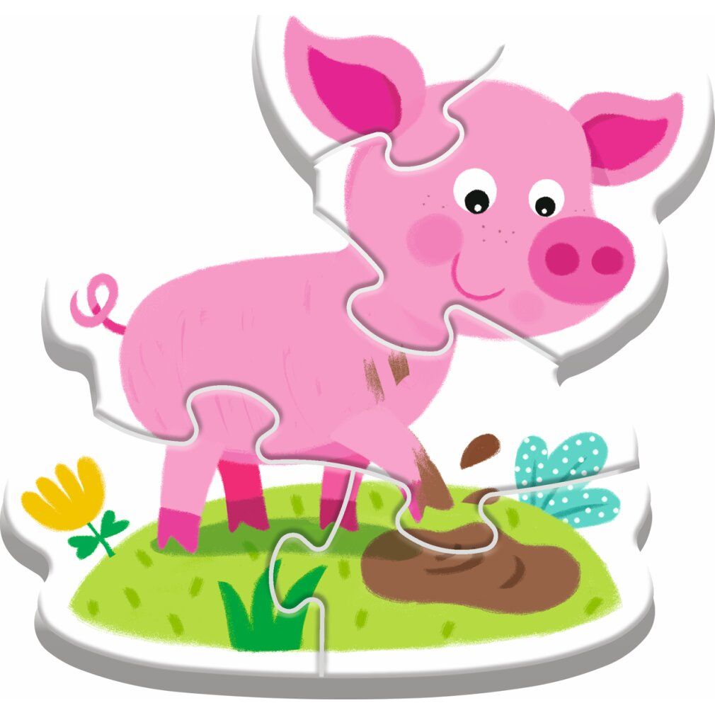 Pezzo di puzzle con maiale. Maiale rosa nel fango. 3 pezzi di puzzle. In piedi sull'erba.