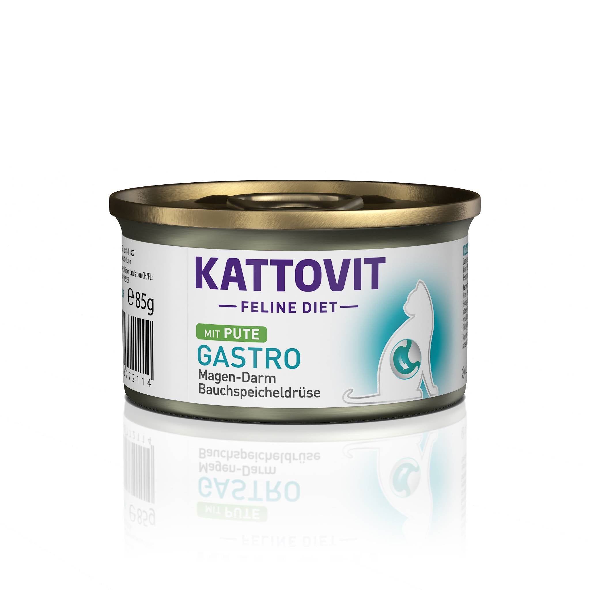 Lattina KATTOVIT Gastro Pute. Etichetta bianca con logo e testo. Immagine di un gatto. Coperchio dorato.