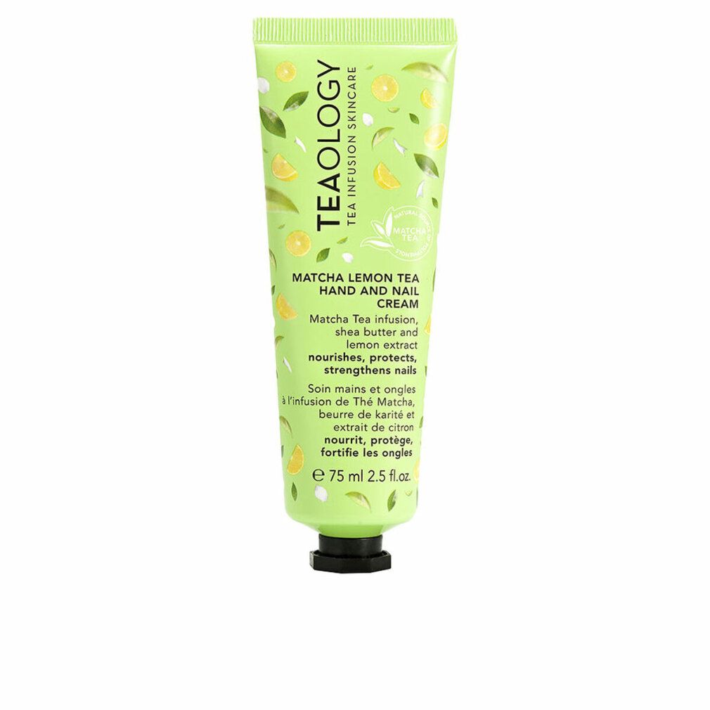 Tubo verde con testo. Matcha Lemon Tea Hand and Nail Cream. Marchio Teaology. 75 ml.