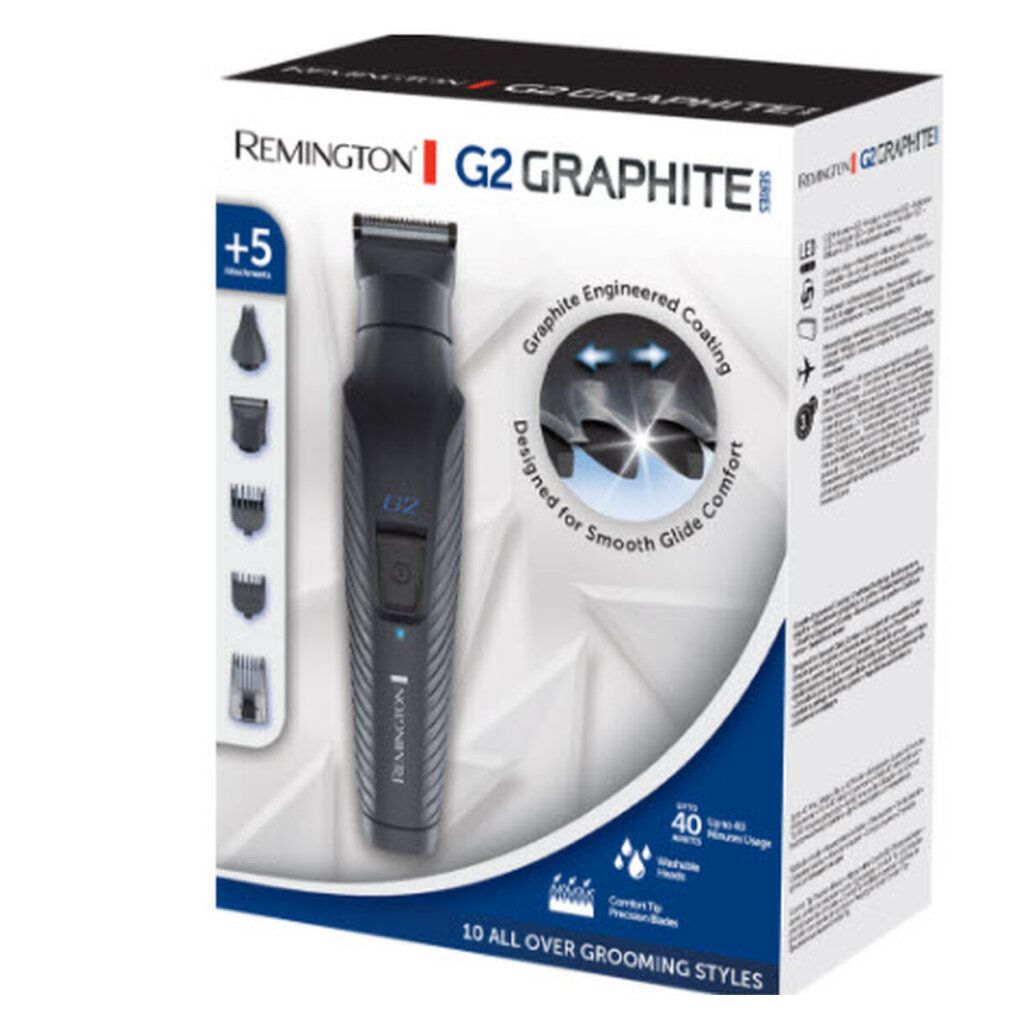 Trimmer Remington G2 Graphite con confezione. La scatola mostra il prodotto e gli accessori. Contiene informazioni.