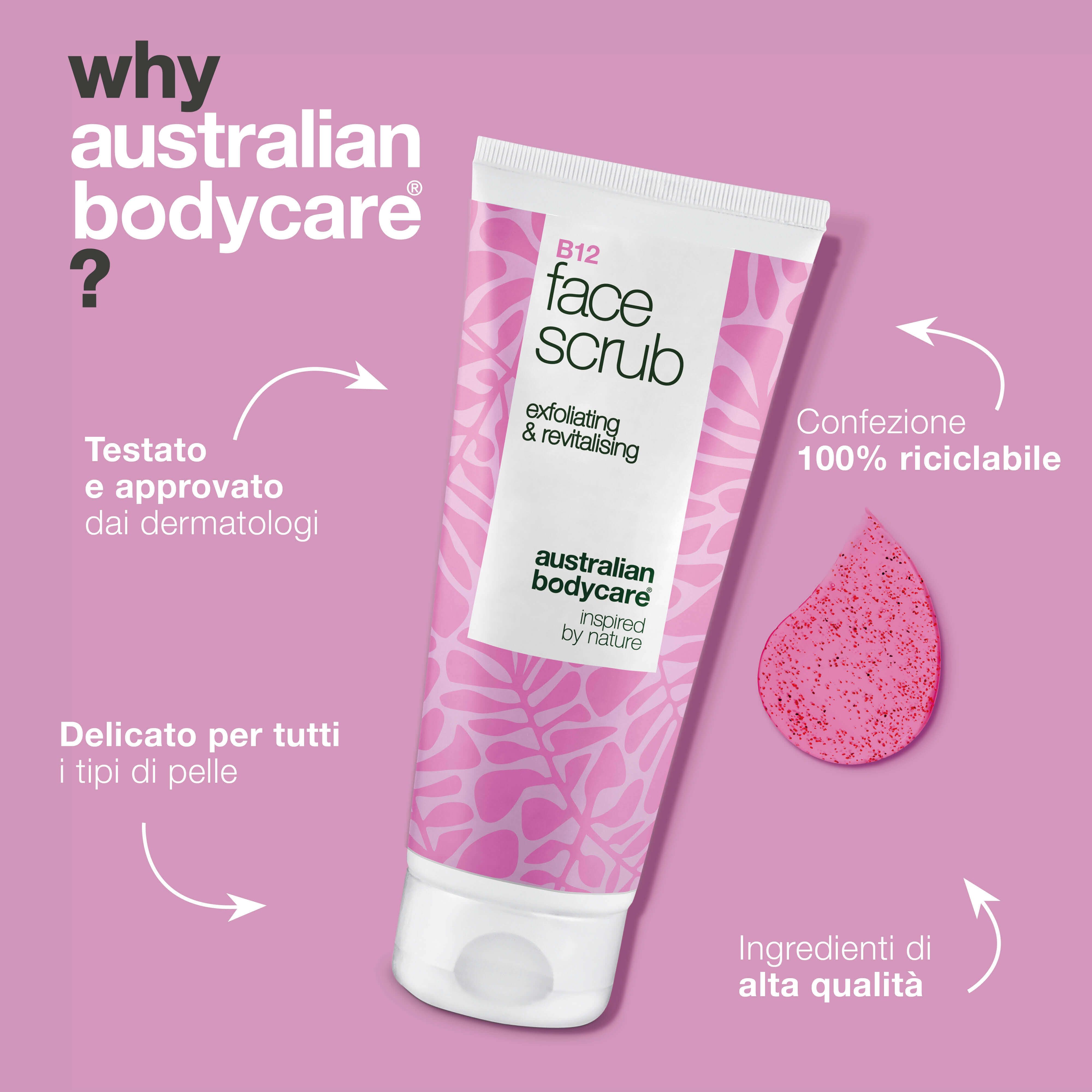Tubo di scrub, sfondo rosa, testo e logo. Spugna.