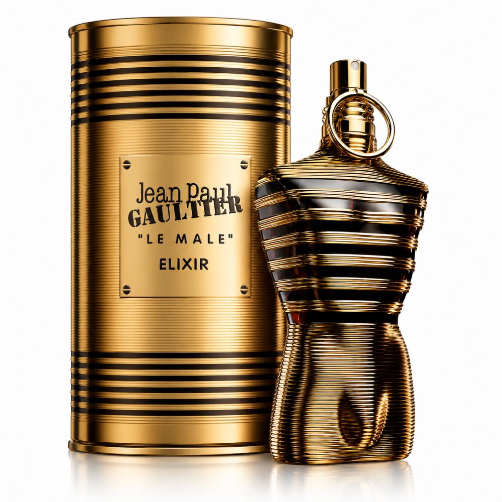 Latta dorata a righe nere con etichetta 'Jean Paul Gaultier LE MALE ELIXIR'. Il flacone abbinato è accanto.