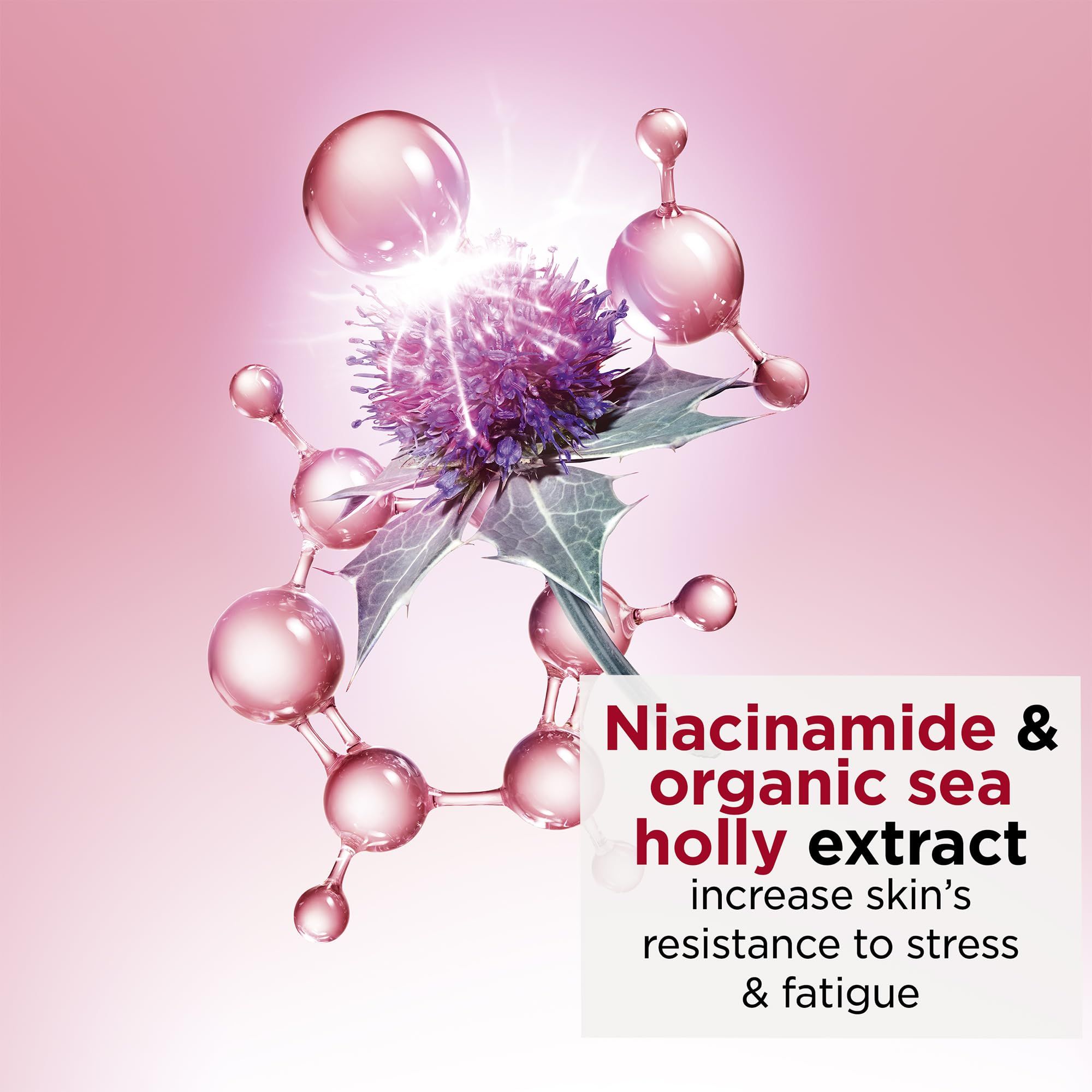 Grafica con molecole, fiore viola e testo: Niacinamide & estratto di olivello spinoso biologico. Aumenta la resistenza della pelle.